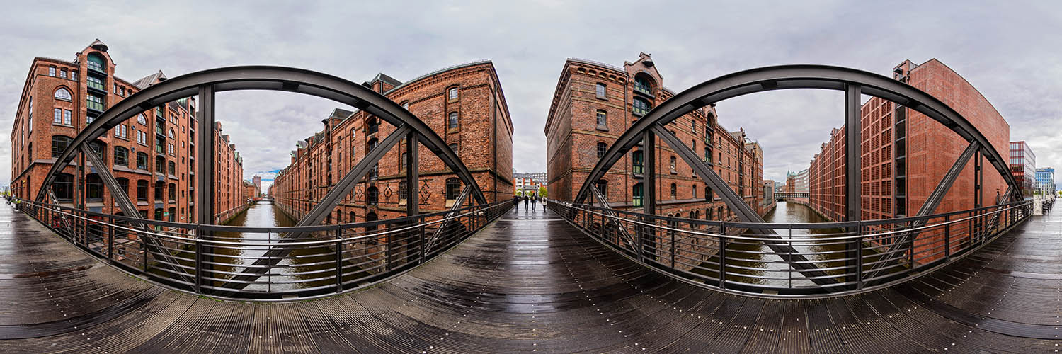 360°-Panorama auf der Brücke über das Brooksfleet in der Speicherstadt