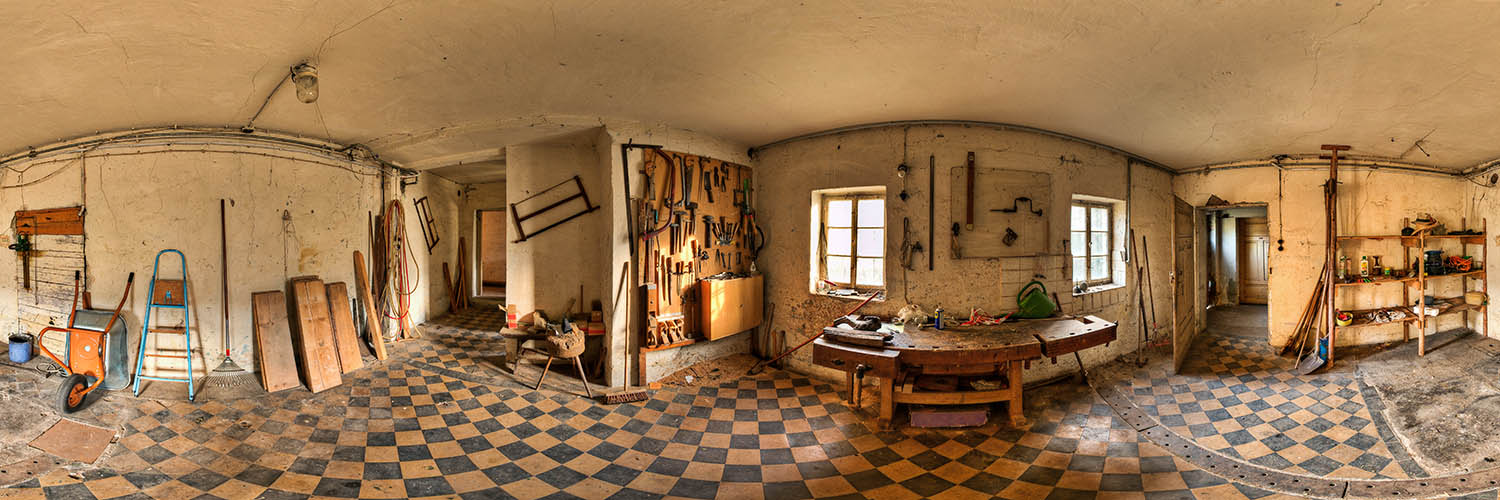 360°-Panorama in Lorch - früher die Küche, heute eine Werkstatt in der ehemaligen Gaststätte Harmonie